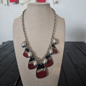 Laura Ashley Y2K Red Silver Black Chunky Statement Necklace Funky Unique Jewelry